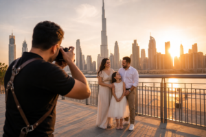 "Professional photographer in Dubai capturing a family session at golden hour near Downtown Dubai skyline"