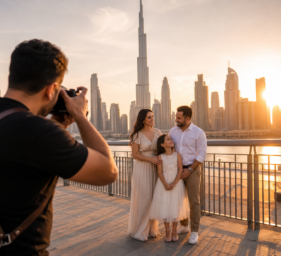 "Professional photographer in Dubai capturing a family session at golden hour near Downtown Dubai skyline"