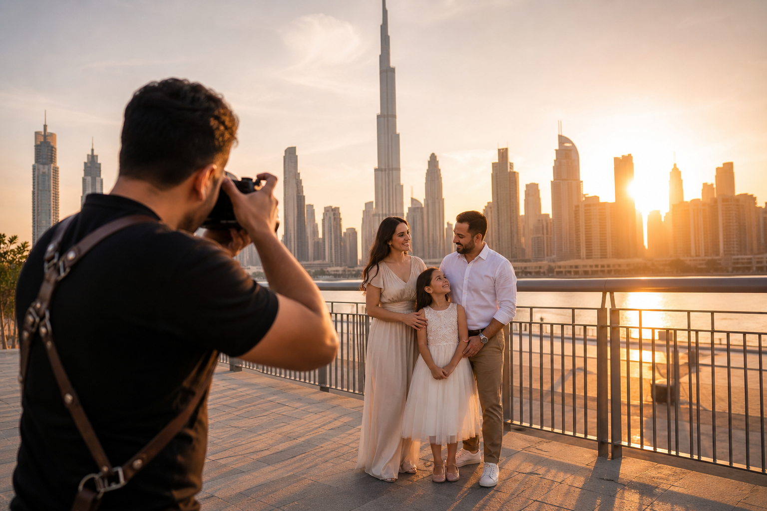 "Professional photographer in Dubai capturing a family session at golden hour near Downtown Dubai skyline"
